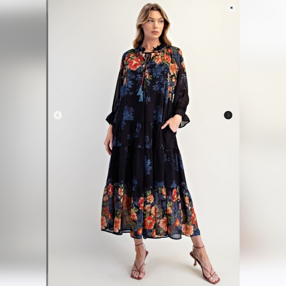 New Easel Black Floral Print Long Sleeve Maxi Dress - Picture 3 of 6